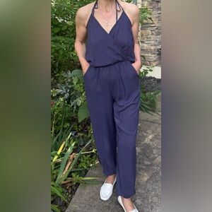 Tobi Purple/Blue Ink Halter Neck Jumpsuit with Pockets, Size Small